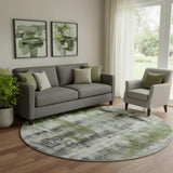 8' Olive Green Charcoal And Ivory Abstract Washable Round Rug With UV Protection - Homeroots - Flyclothing LLC