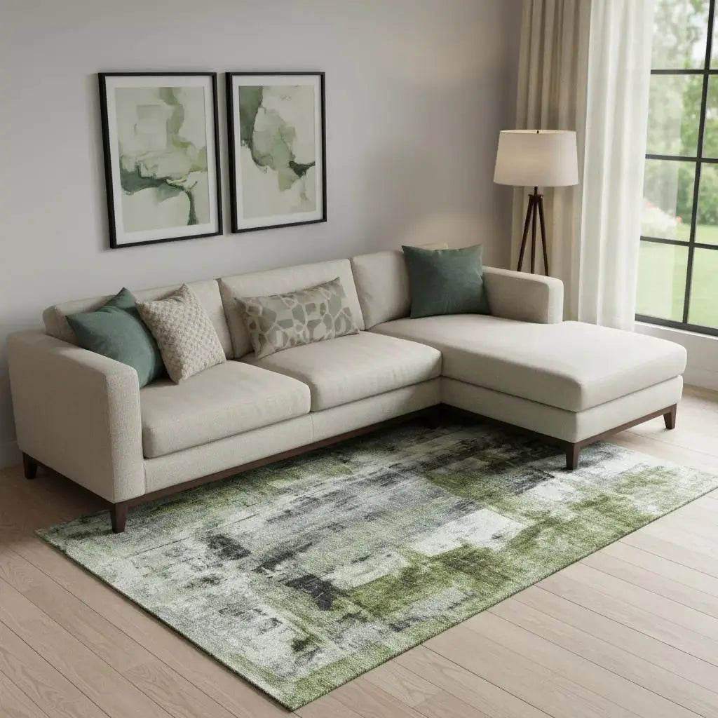 8' X 10' Olive Green Charcoal And Ivory Abstract Washable Area Rug With UV Protection - Homeroots - Flyclothing LLC