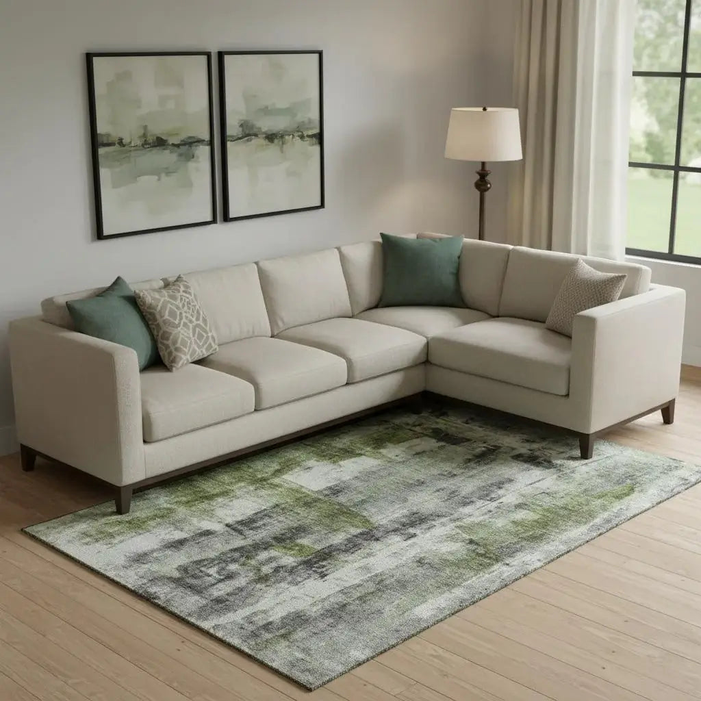 10' X 14' Olive Green Charcoal And Ivory Abstract Washable Area Rug With UV Protection - Homeroots - Flyclothing LLC
