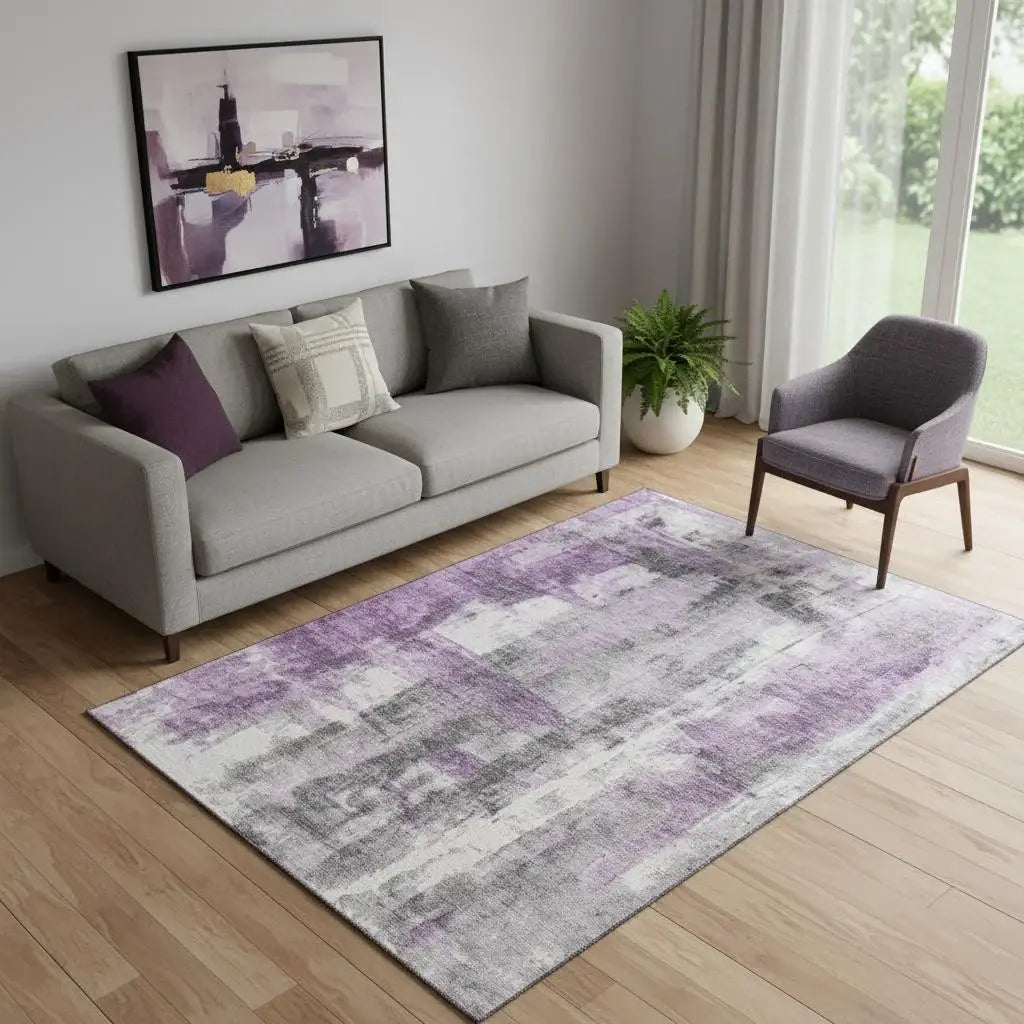 5' X 8' Purple Charcoal And Ivory Abstract Washable Area Rug With UV Protection - Homeroots - Flyclothing LLC