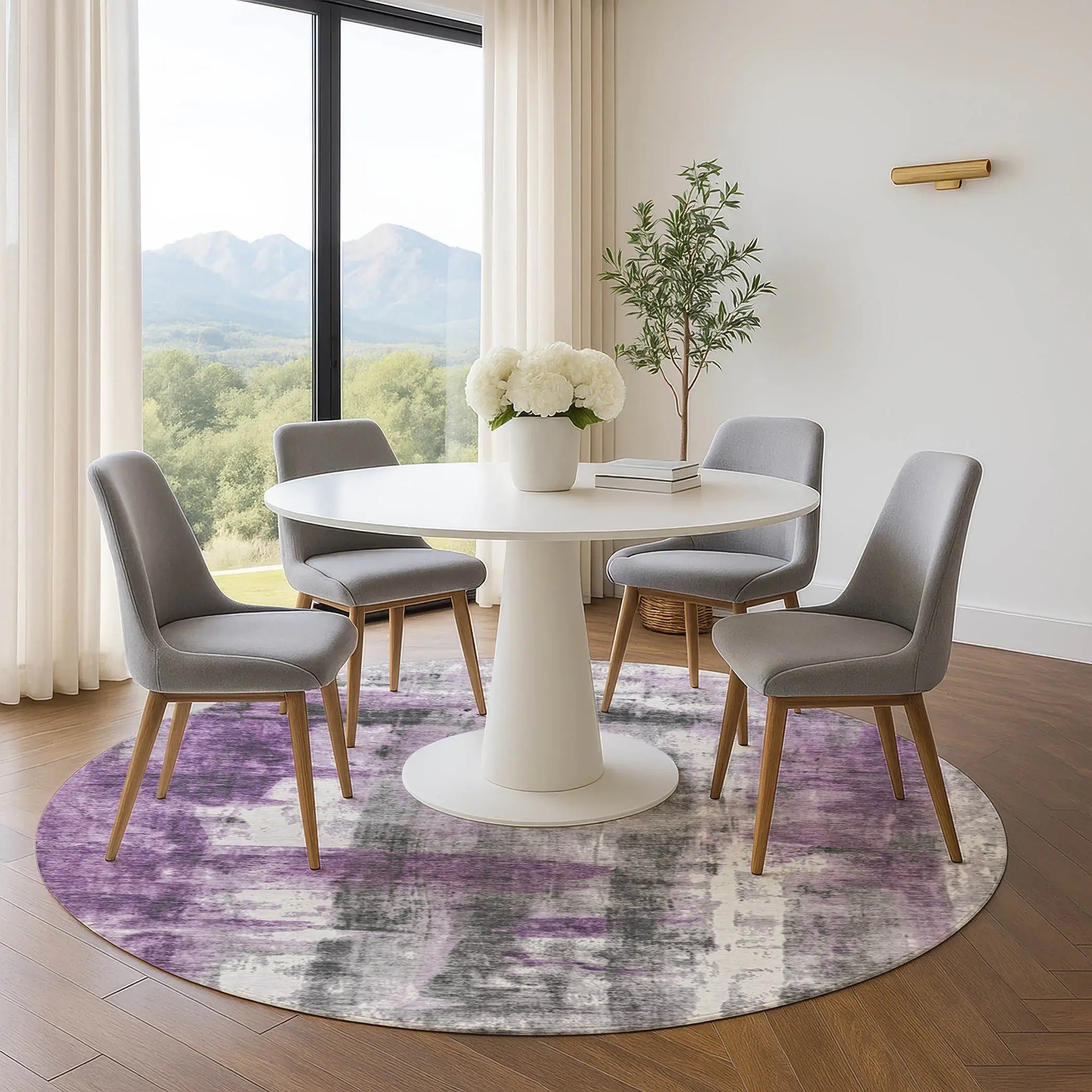 8' Purple Charcoal And Ivory Abstract Washable Round Rug With UV Protection - Homeroots - Flyclothing LLC