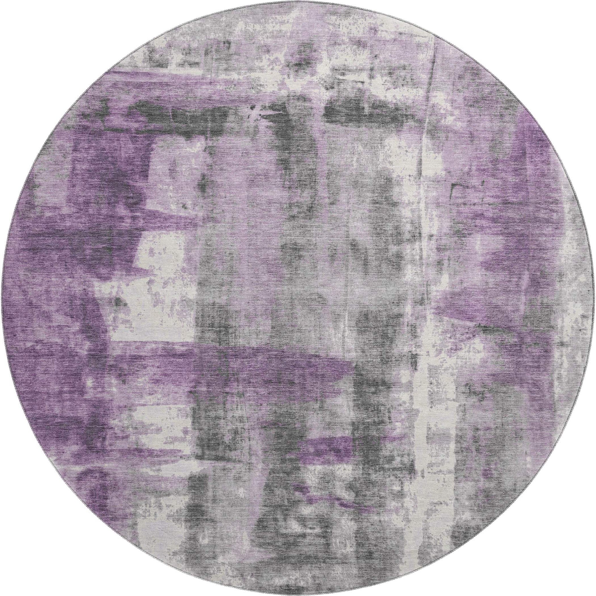8' Purple Charcoal And Ivory Abstract Washable Round Rug With UV Protection - Homeroots - Flyclothing LLC