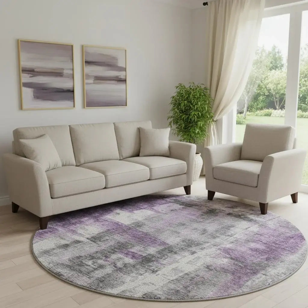 8' Purple Charcoal And Ivory Abstract Washable Round Rug With UV Protection - Homeroots - Flyclothing LLC
