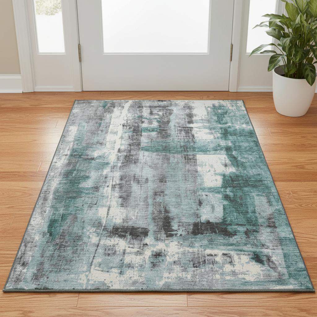 3' X 5' Teal Charcoal And Ivory Abstract Washable Area Rug With UV Protection - Homeroots - Flyclothing LLC