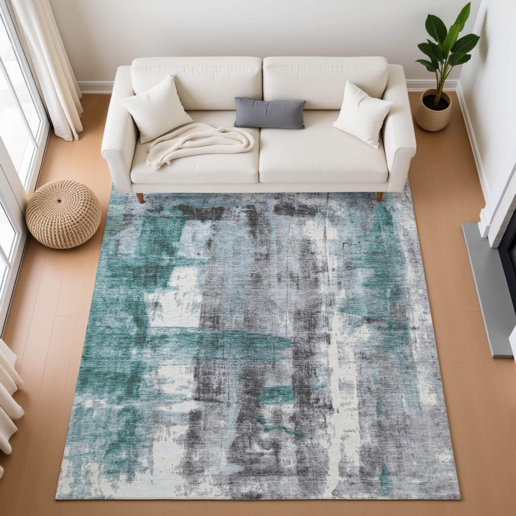 5' X 8' Teal Charcoal And Ivory Abstract Washable Area Rug With UV Protection - Homeroots - Flyclothing LLC