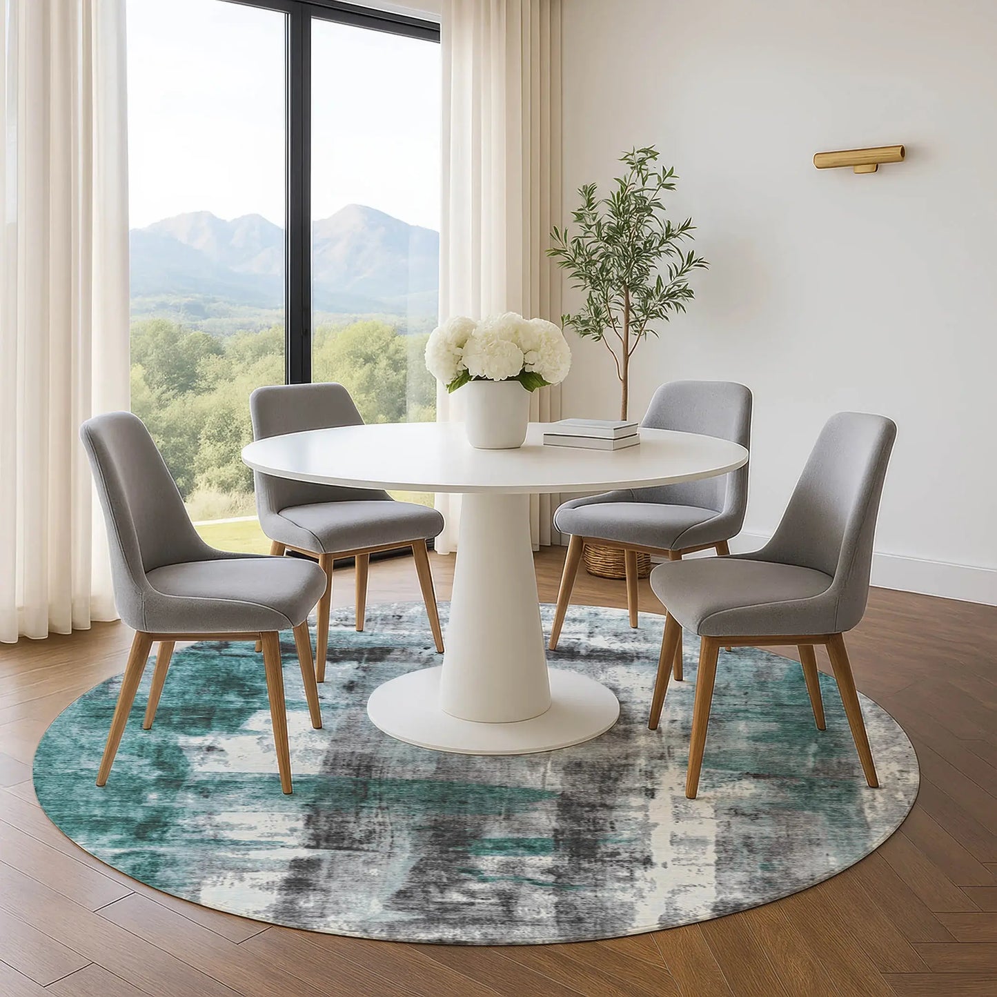 8' Teal Charcoal And Ivory Abstract Washable Round Rug With UV Protection - Homeroots - Flyclothing LLC