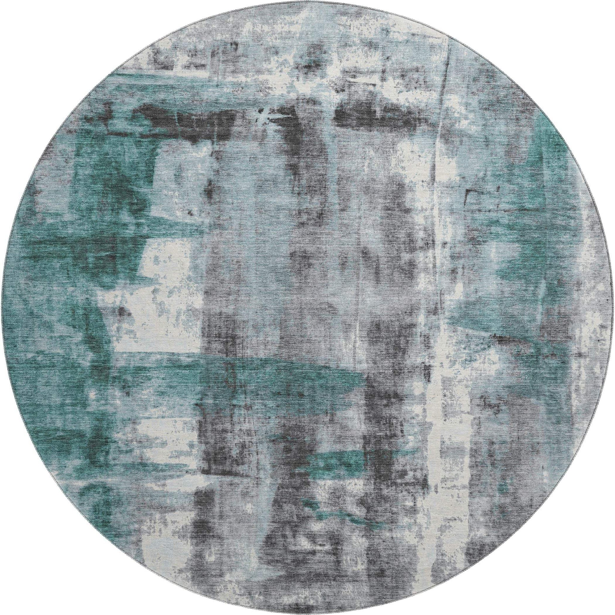 8' Teal Charcoal And Ivory Abstract Washable Round Rug With UV Protection - Homeroots - Flyclothing LLC