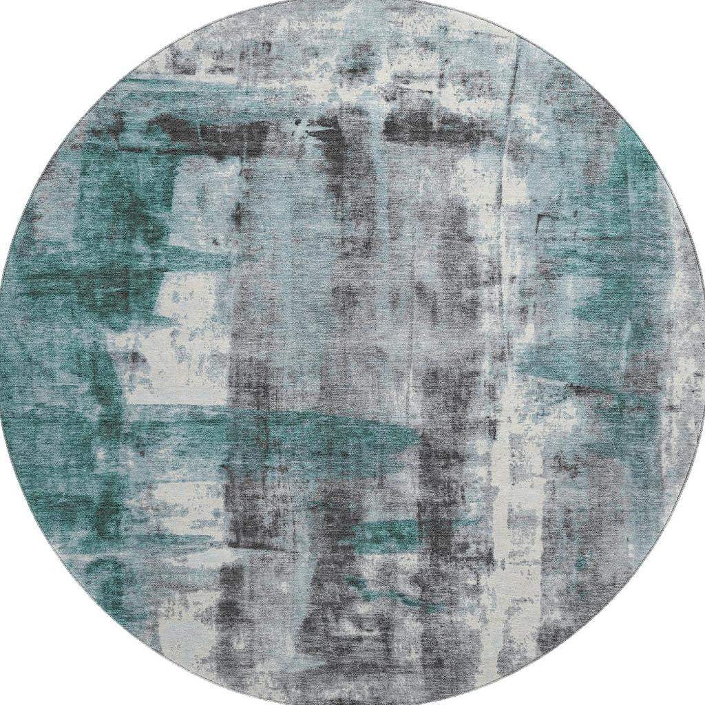 8' Teal Charcoal And Ivory Abstract Washable Round Rug With UV Protection - Homeroots - Flyclothing LLC