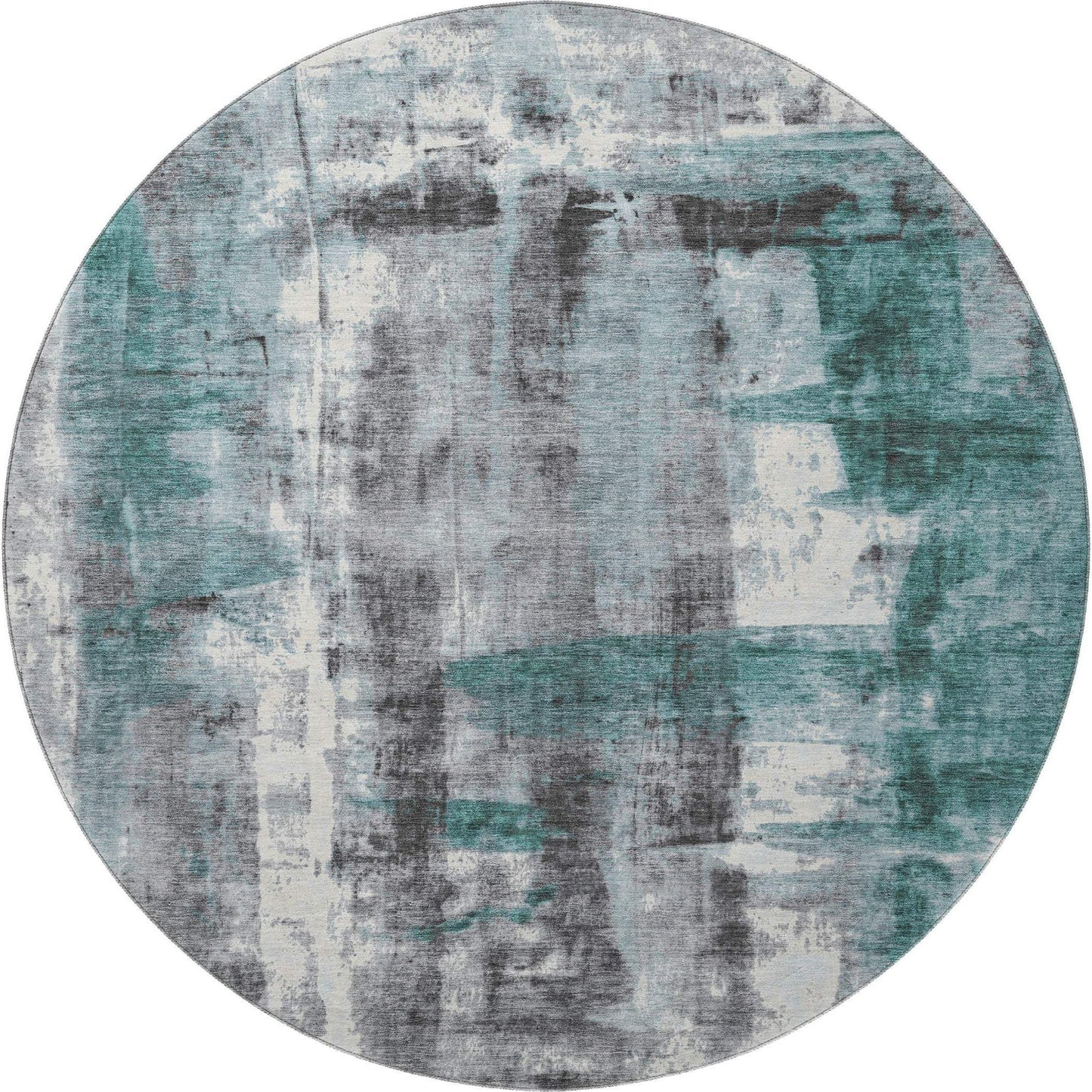 8' Teal Charcoal And Ivory Abstract Washable Round Rug With UV Protection - Homeroots - Flyclothing LLC