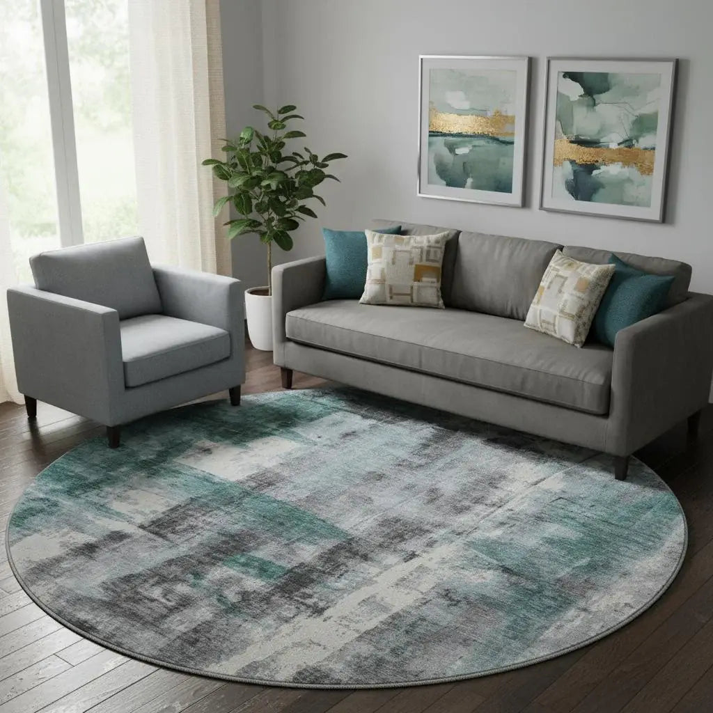 8' Teal Charcoal And Ivory Abstract Washable Round Rug With UV Protection - Homeroots - Flyclothing LLC
