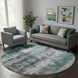 8' Teal Charcoal And Ivory Abstract Washable Round Rug With UV Protection - Homeroots - Flyclothing LLC