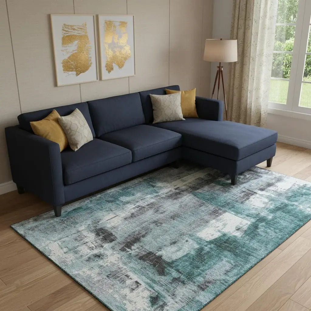 8' X 10' Teal Charcoal And Ivory Abstract Washable Area Rug With UV Protection - Homeroots - Flyclothing LLC