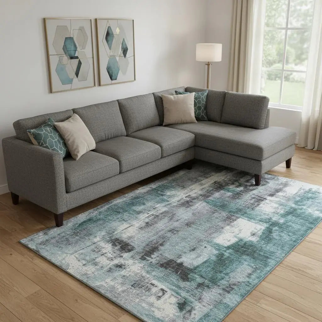 10' X 14' Teal Charcoal And Ivory Abstract Washable Area Rug With UV Protection - Homeroots - Flyclothing LLC