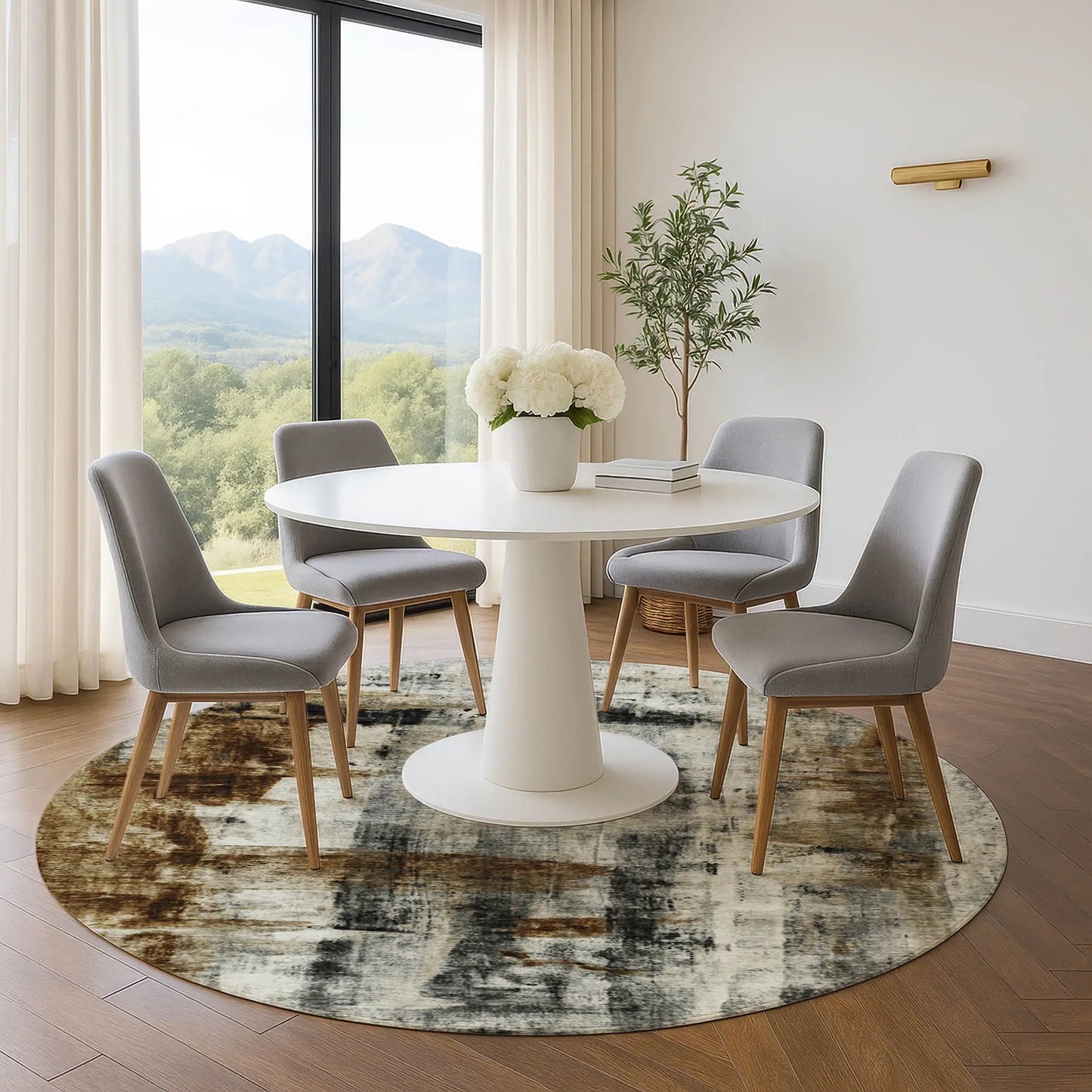 8' Taupe Charcoal And Brown Abstract Washable Round Rug With UV Protection - Homeroots - Flyclothing LLC