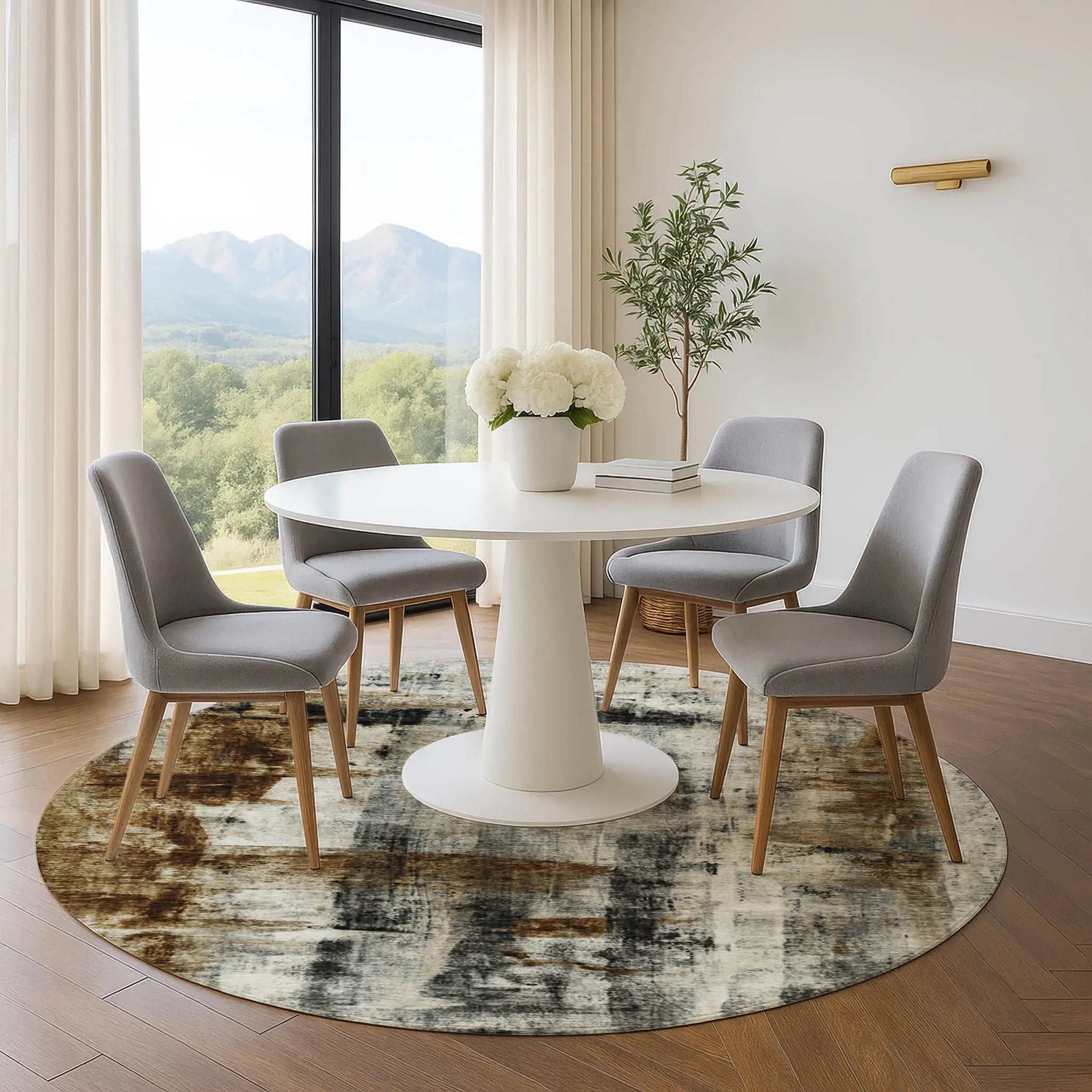 8' Taupe Charcoal And Brown Abstract Washable Round Rug With UV Protection - Homeroots - Flyclothing LLC