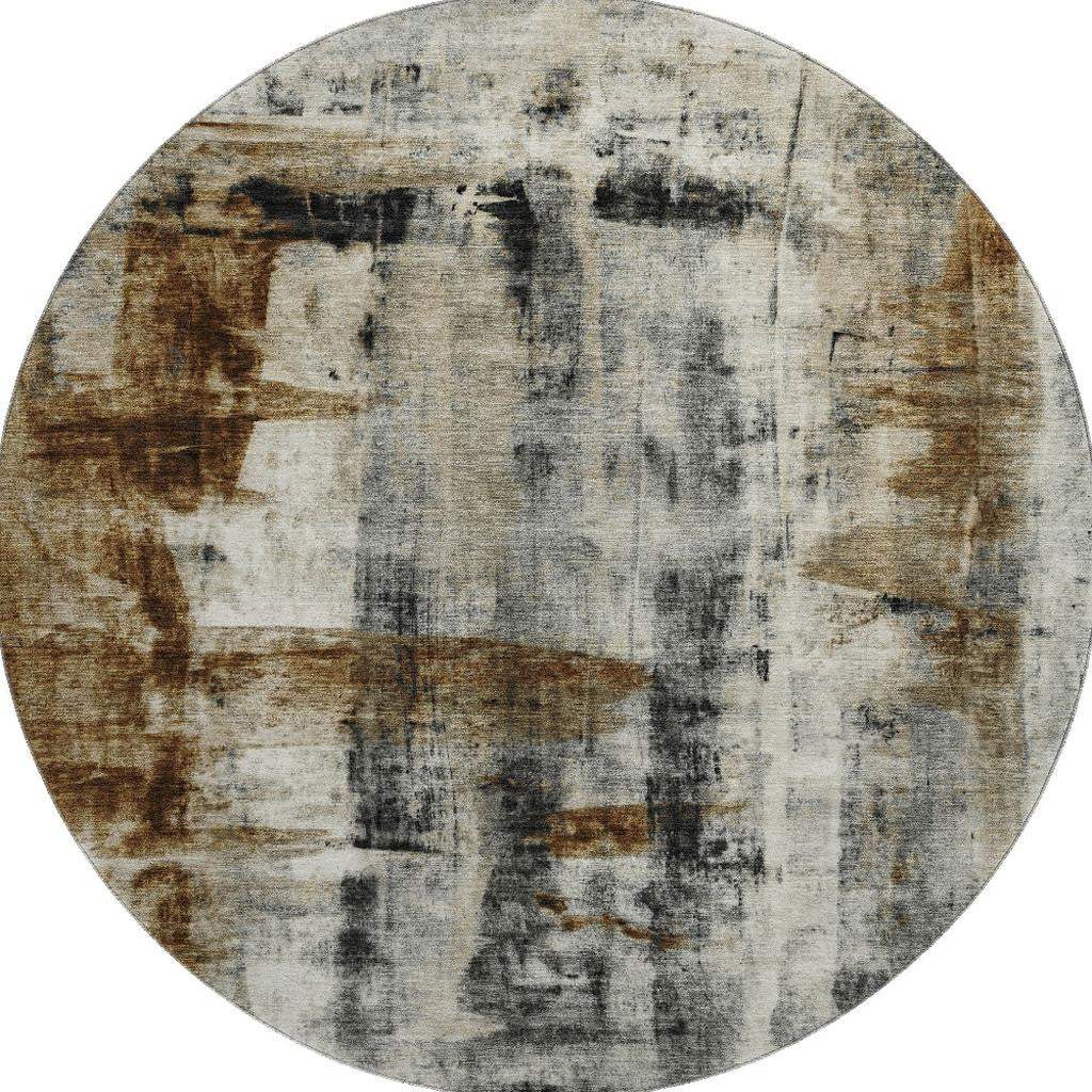 8' Taupe Charcoal And Brown Abstract Washable Round Rug With UV Protection - Homeroots - Flyclothing LLC