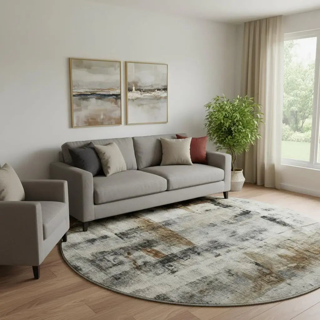 8' Taupe Charcoal And Brown Abstract Washable Round Rug With UV Protection - Homeroots - Flyclothing LLC
