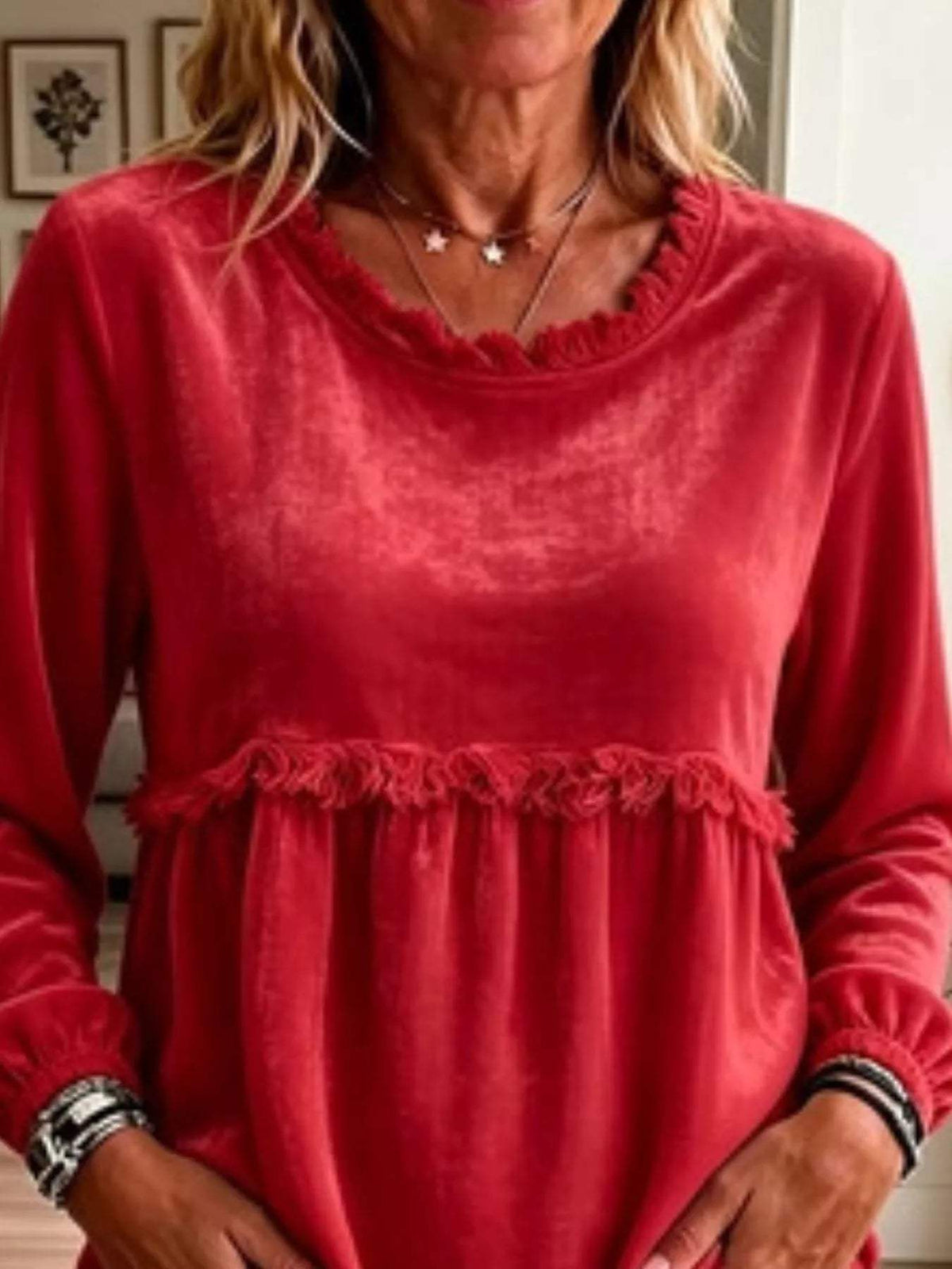 Fringed Hem Long Sleeve T-Shirt - Trendsi - Flyclothing LLC