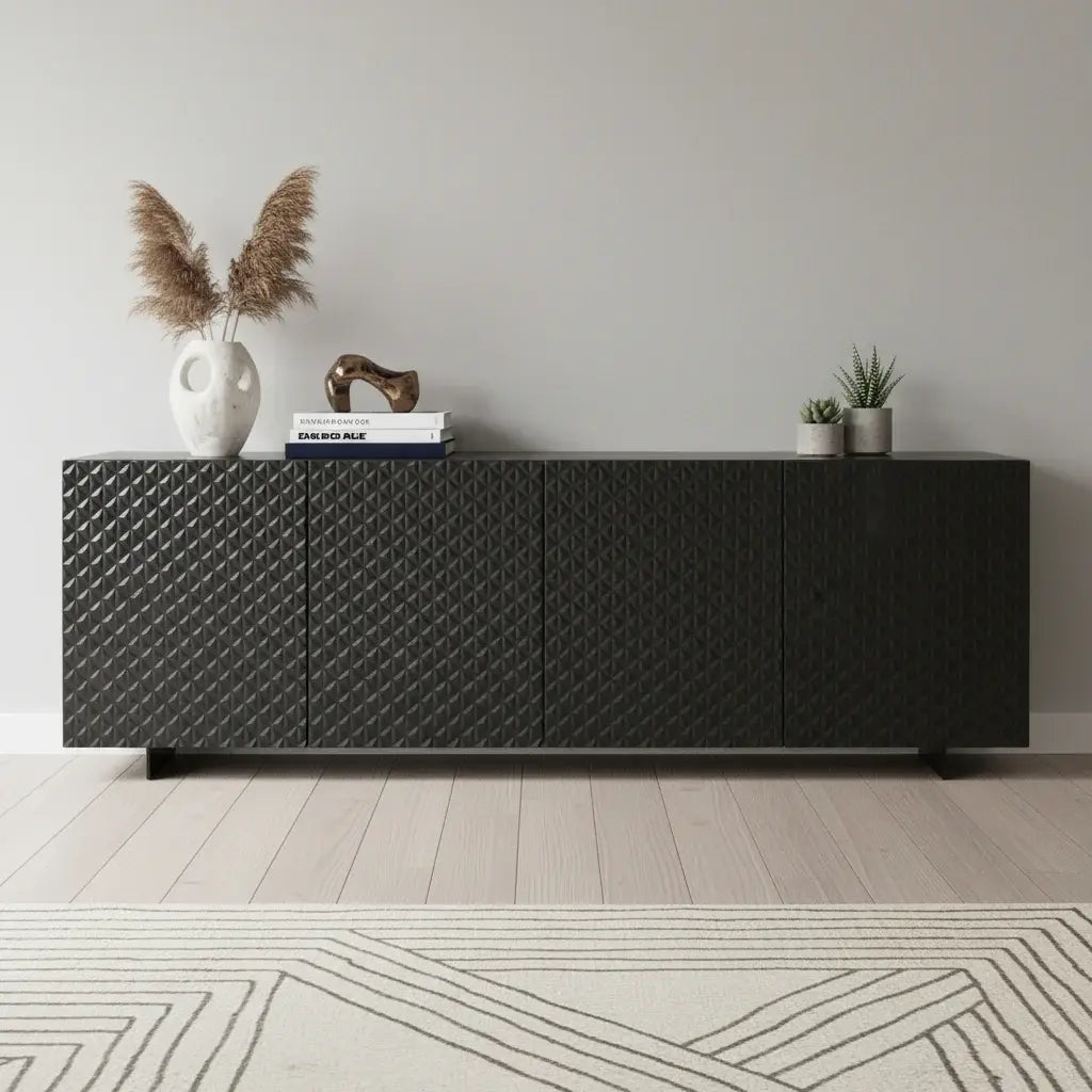 94" Dark Gray Wood Carved Geometric Sideboard With Four Doors - Homeroots - Flyclothing LLC