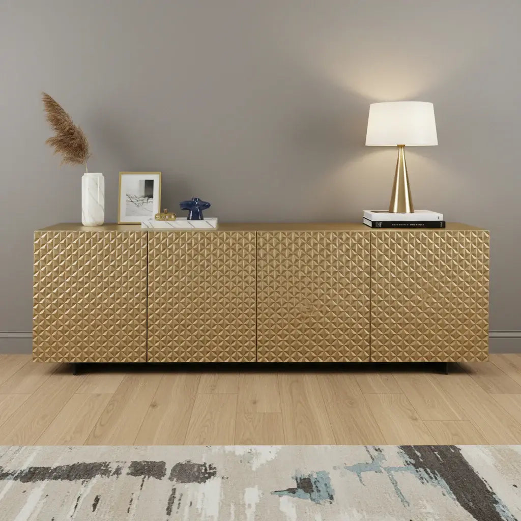 94" Gold Wood Carved Geometric Sideboard With Four Doors - Homeroots - Flyclothing LLC