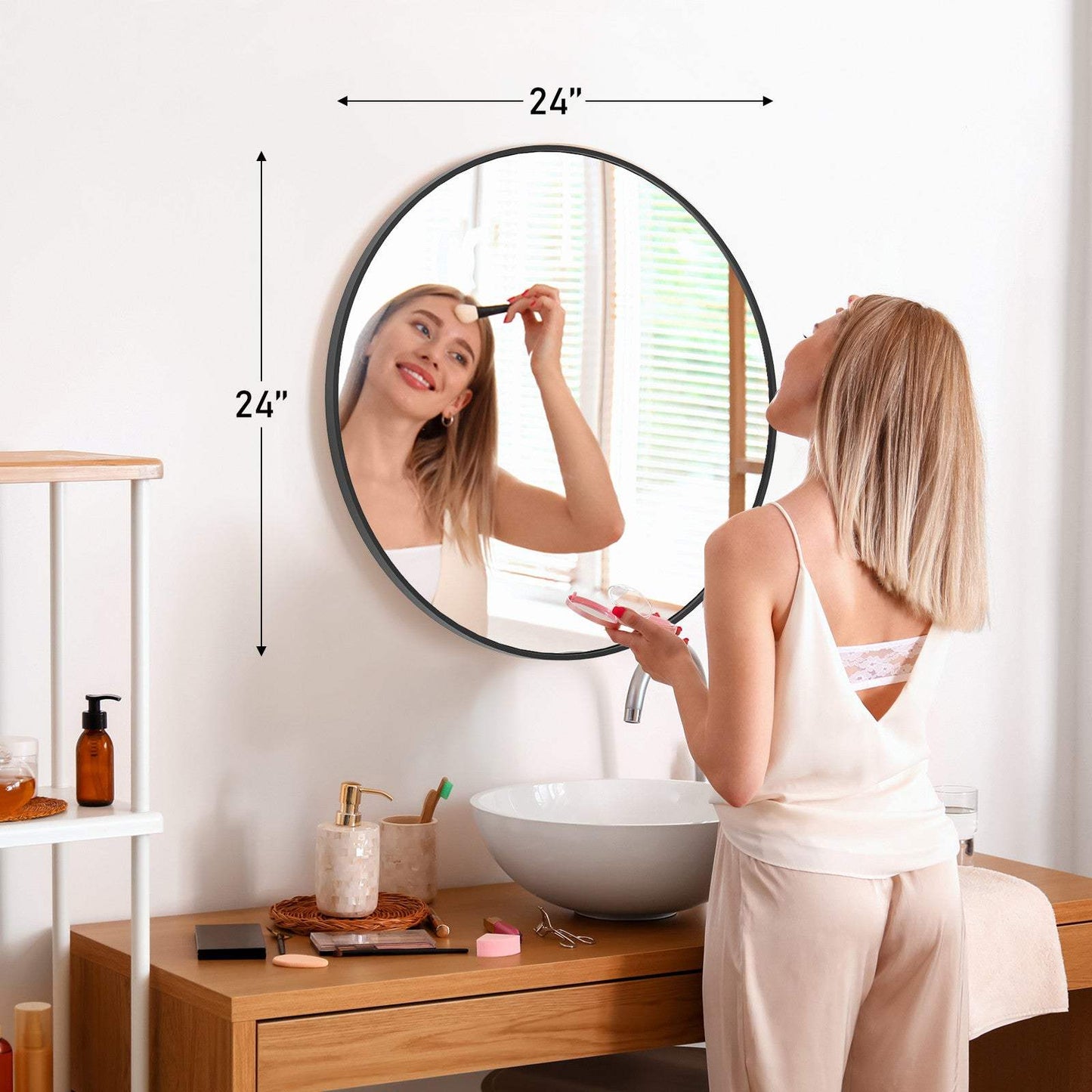 24" Black Metal Round Framed Bathroom Vanity Mirror - HomeRoots - Flyclothing LLC