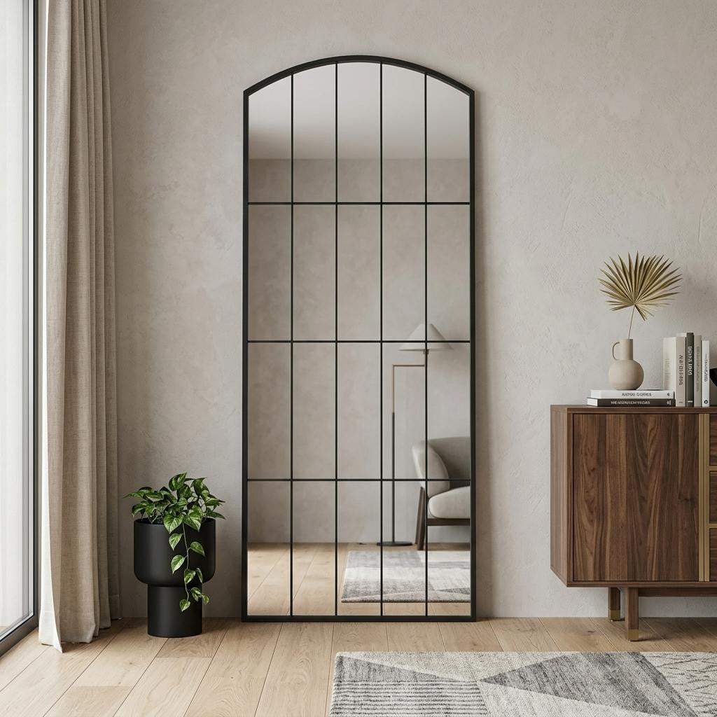 67" Black Metal Geometric Arch Wall Mounted Or Leaning Framed Full Length Mirror - HomeRoots - Flyclothing LLC