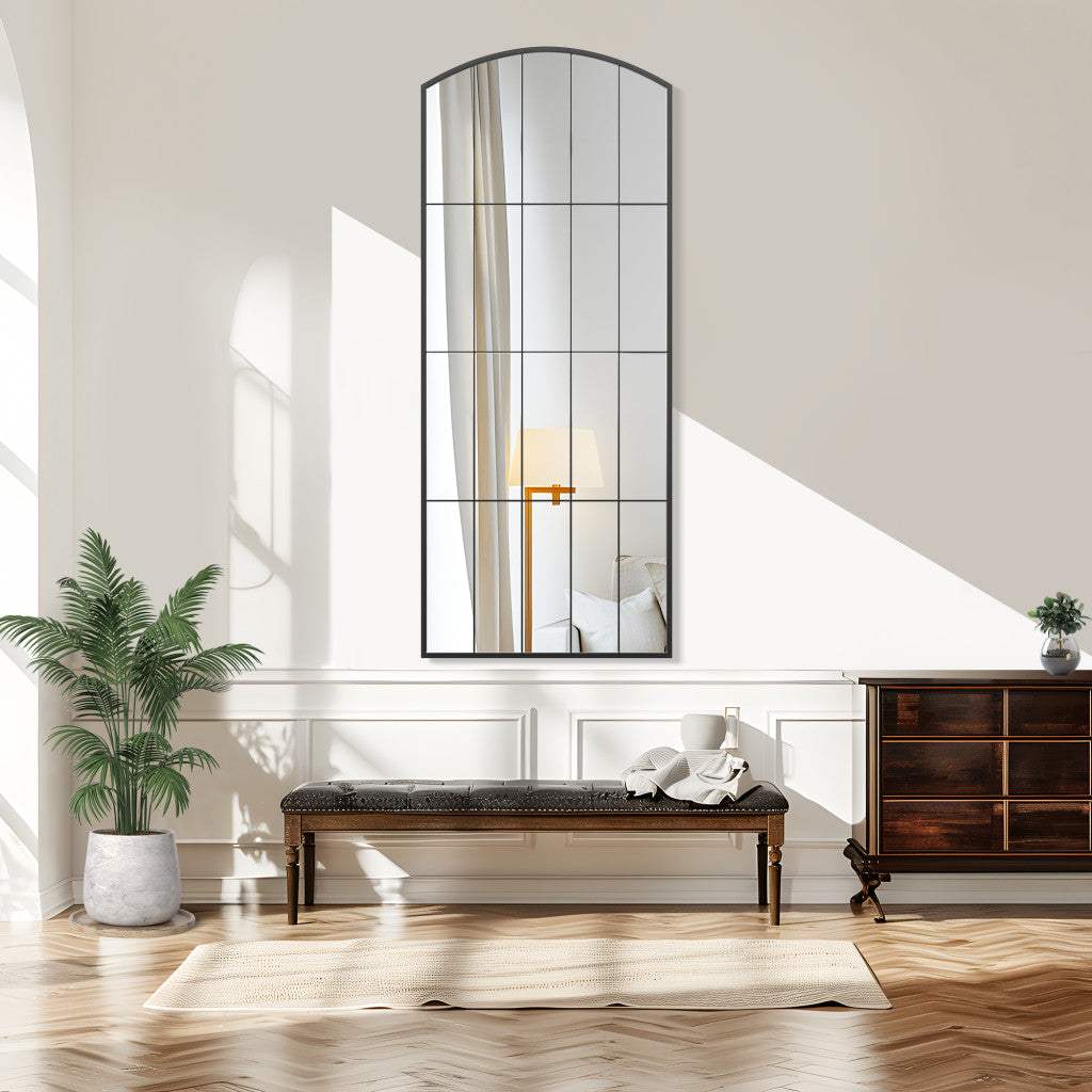 67" Black Metal Geometric Arch Wall Mounted Or Leaning Framed Full Length Mirror - HomeRoots - Flyclothing LLC
