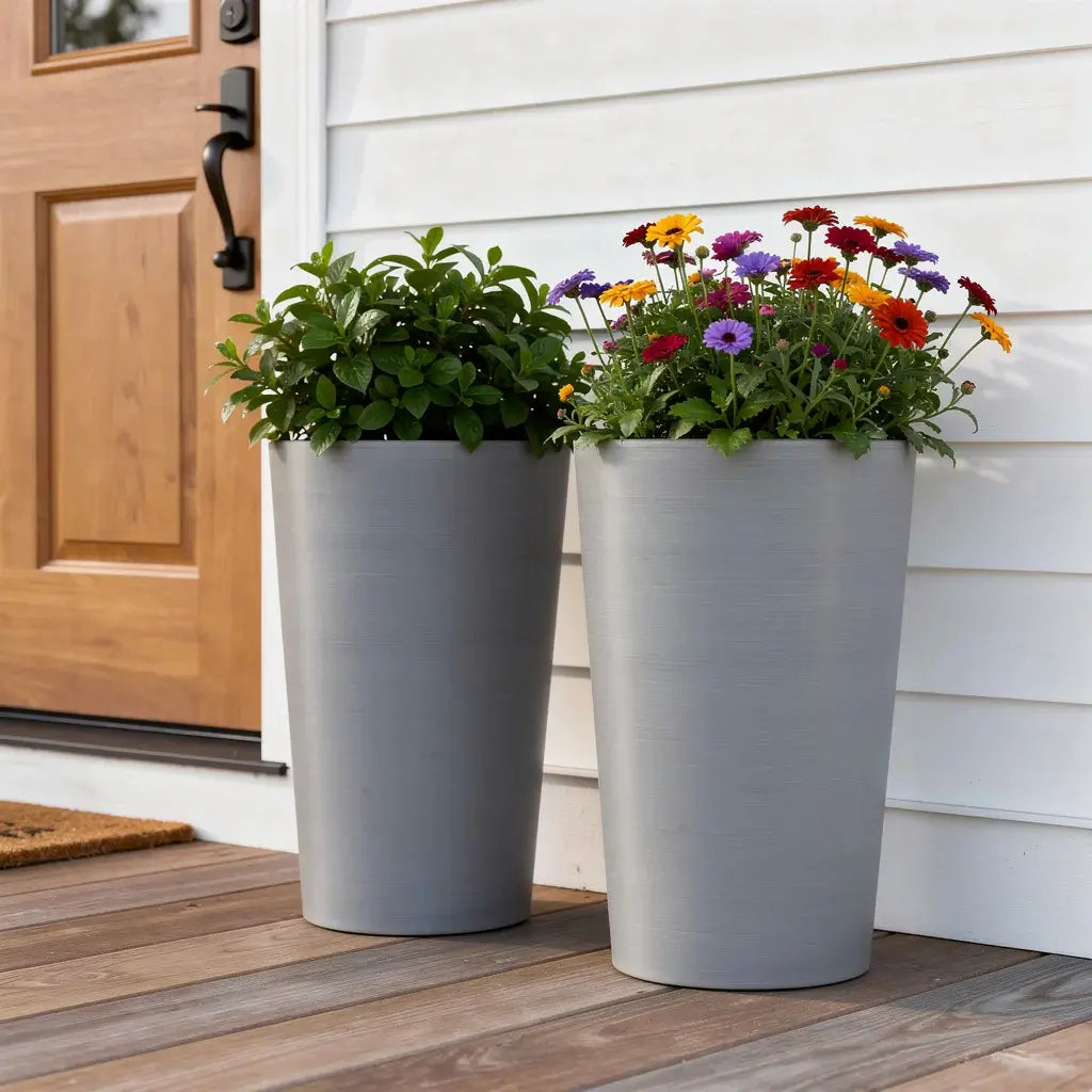 Set of Two Light Gray Heavy Duty Plastic Cylindrical Planter Pots - Homeroots - Flyclothing LLC