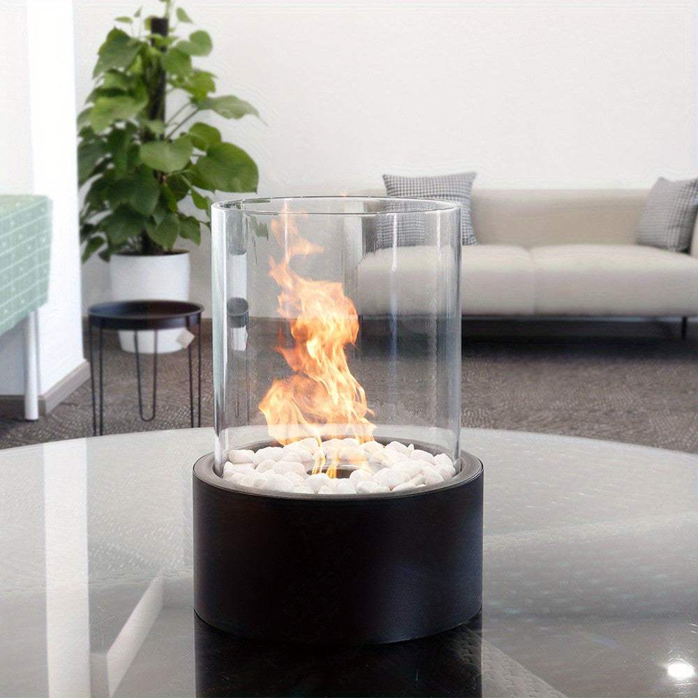 11" Black And Clear Metal And Glass BioEthanol Portable Tabletop Firepit - HomeRoots - Flyclothing LLC