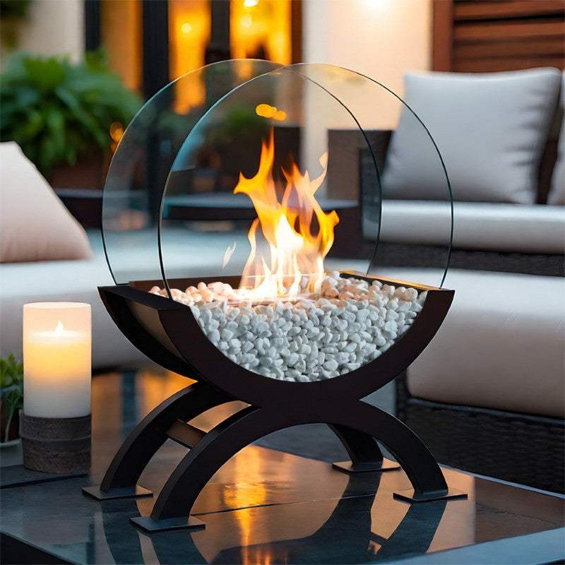 15" Black And Clear Metal And Glass BioEthanol Portable Tabletop Firepit - HomeRoots - Flyclothing LLC