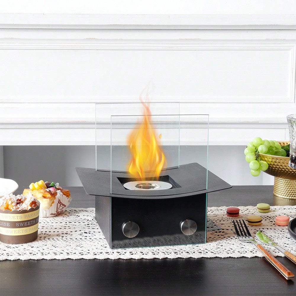 8" Black And Clear Metal And Glass BioEthanol Portable Tabletop Firepit - HomeRoots - Flyclothing LLC