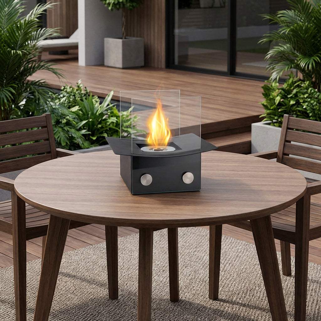 8" Black And Clear Metal And Glass BioEthanol Portable Tabletop Firepit - HomeRoots - Flyclothing LLC