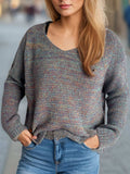 Heathered V-Neck Long Sleeve Sweater - Trendsi - Flyclothing LLC