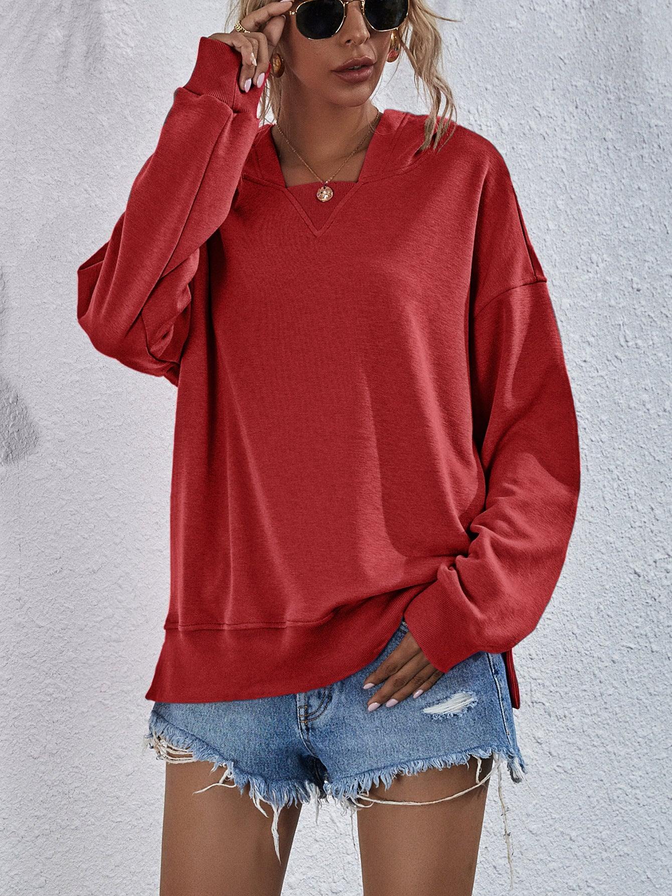 Dropped Shoulder Slit Hoodie - Trendsi