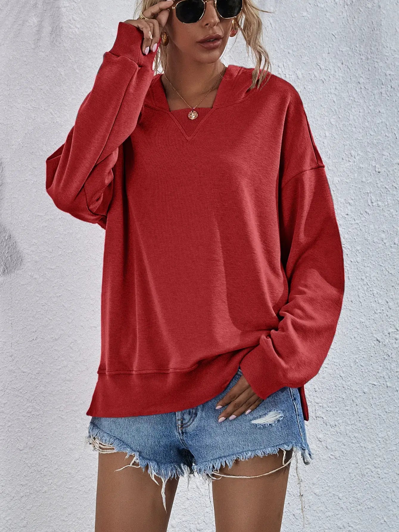 Dropped Shoulder Slit Hoodie - Trendsi - Flyclothing LLC