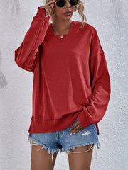 Dropped Shoulder Slit Hoodie - Trendsi