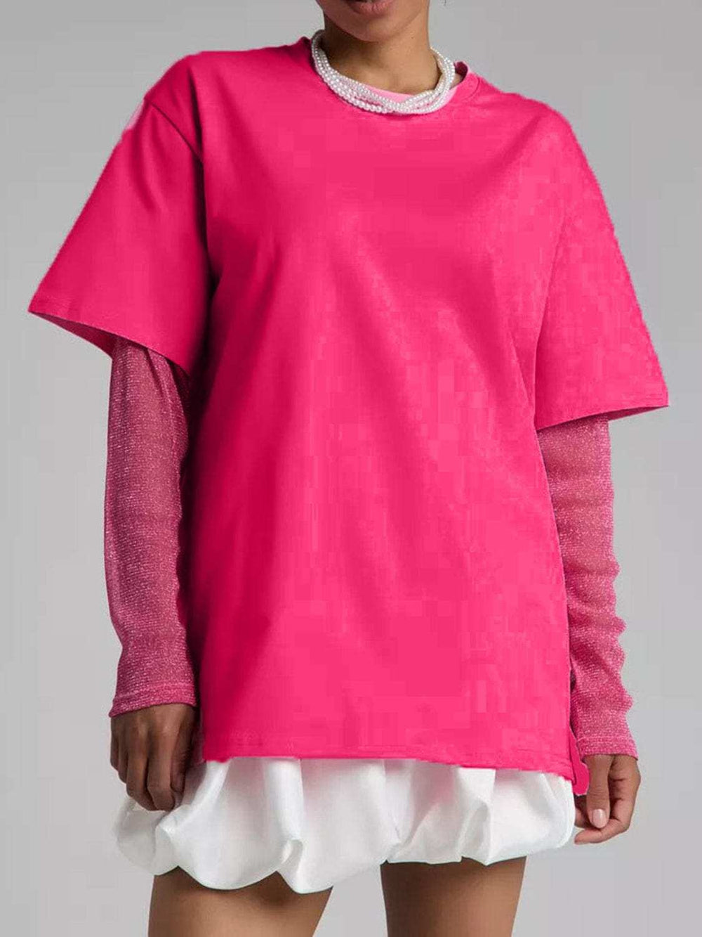 Faux Layered Round Neck Mesh Sleeve Top - Trendsi - Flyclothing LLC