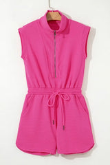 Textured Short Sleeve Half Zip Drawstring Waist Romper - Trendsi - Flyclothing LLC