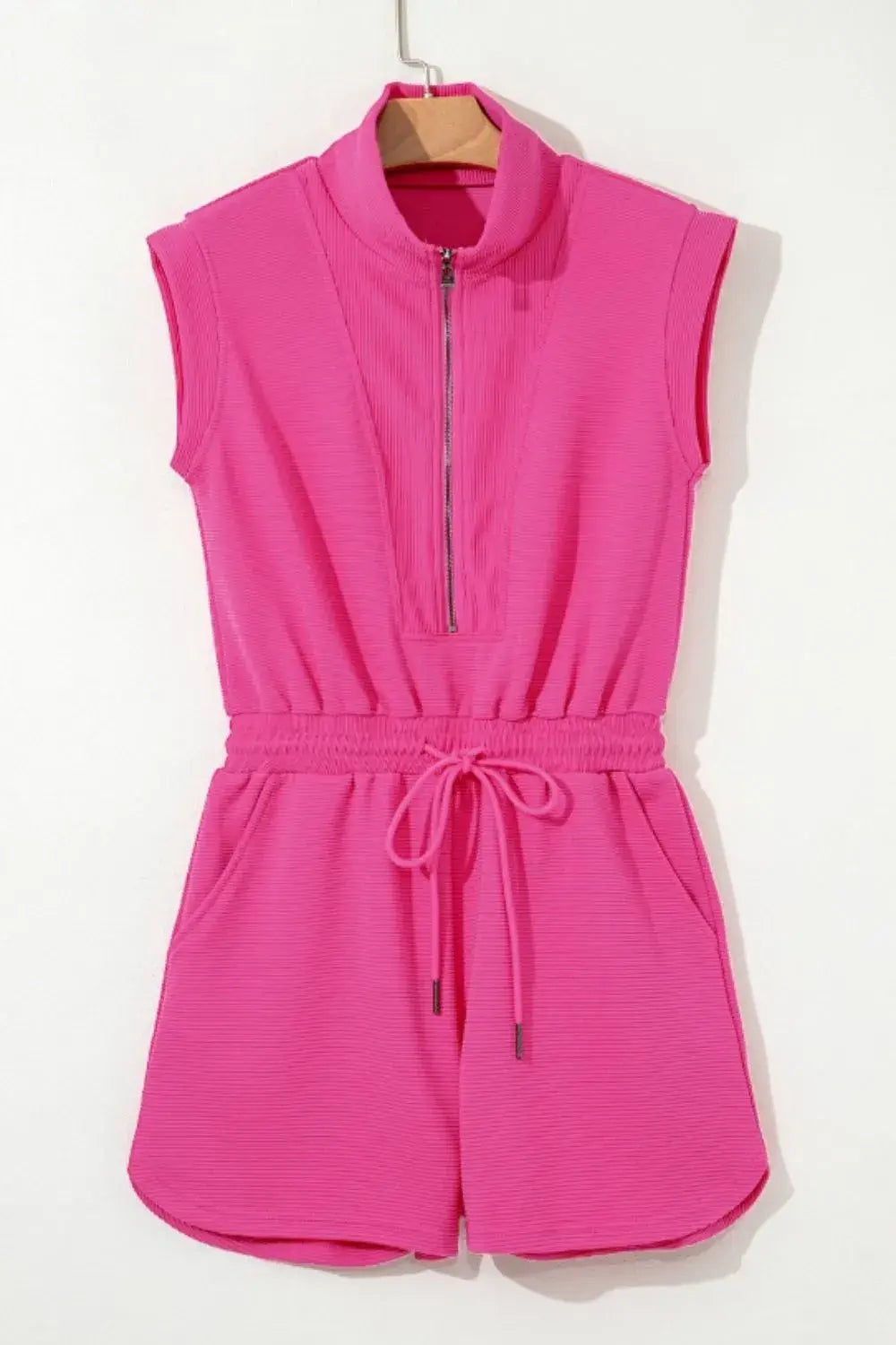 Textured Short Sleeve Half Zip Drawstring Waist Romper - Trendsi - Flyclothing LLC