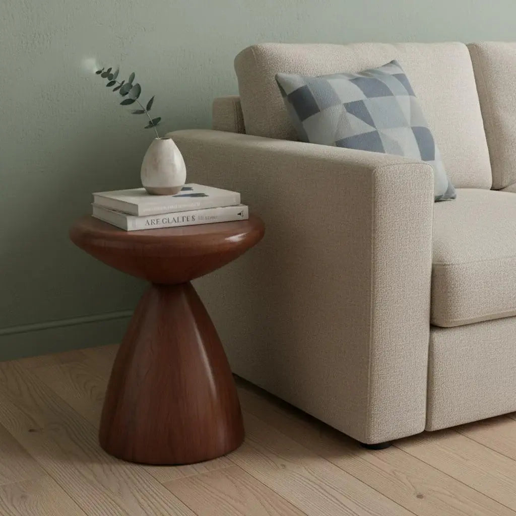 18" Walnut Steel Cinched High Waist Round Pedestal End Table - Homeroots - Flyclothing LLC