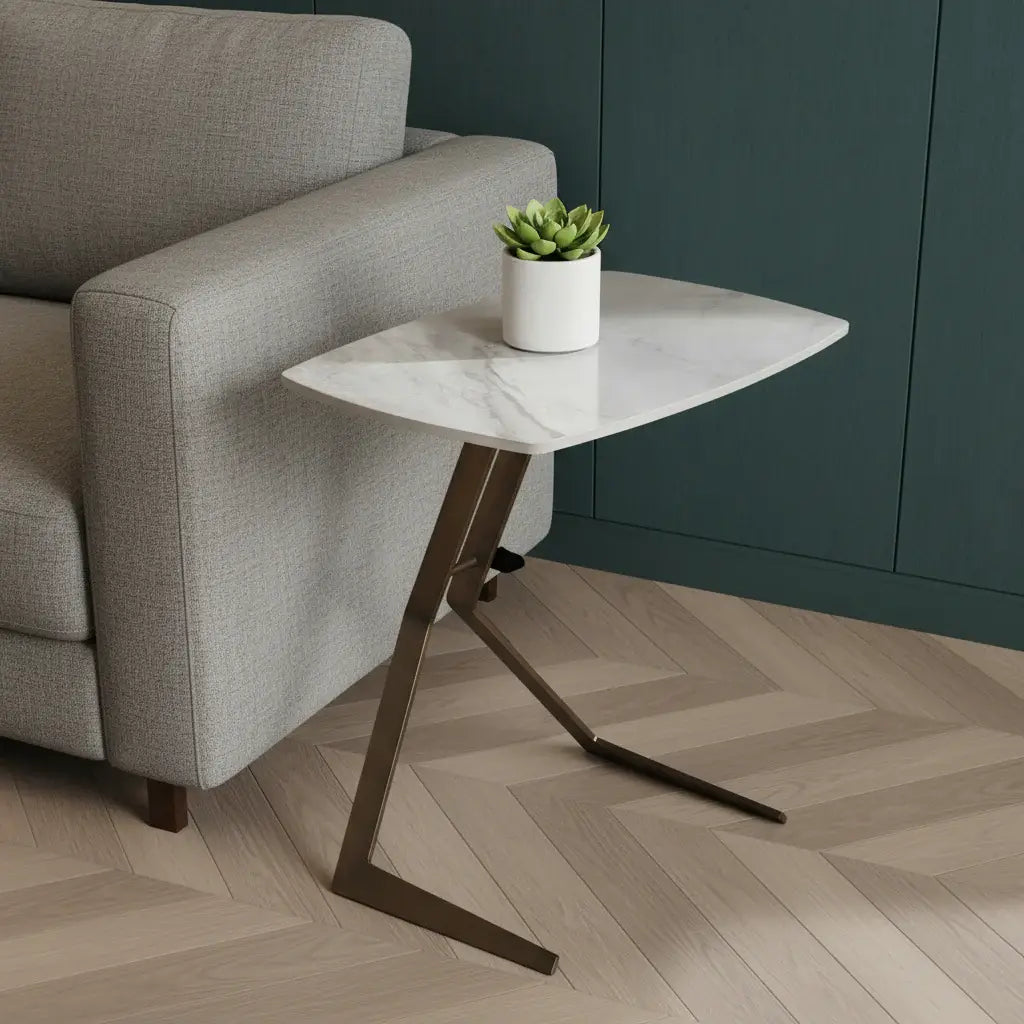 24" White And Bronze Ceramic Faux Marble and Steel End Table - Homeroots - Flyclothing LLC