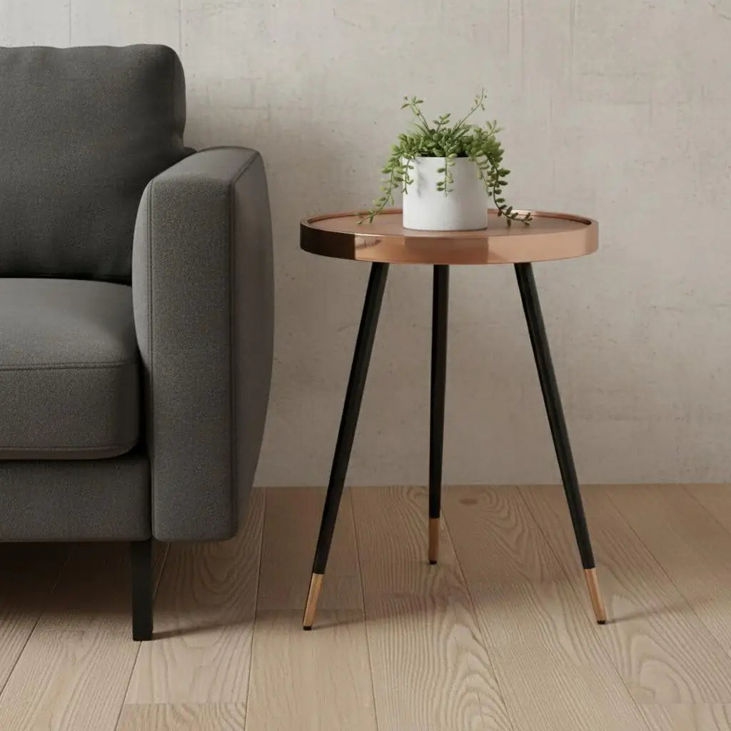 24" Walnut Black And Rose Gold Wood and Stainless Steel Round End Table - Homeroots - Flyclothing LLC