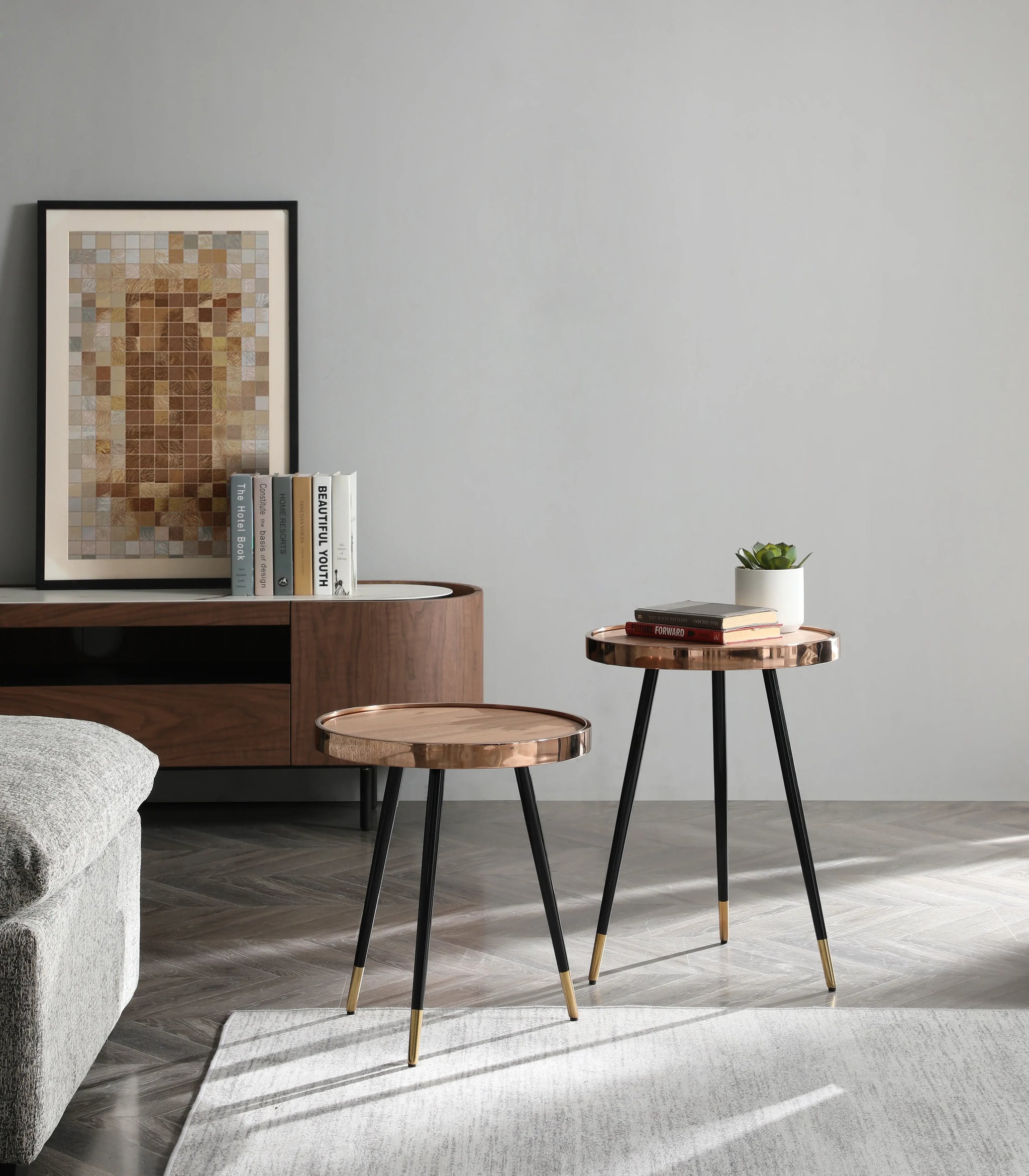 20" Walnut Black And Rose Gold Wood and Stainless Steel Round End Table - Homeroots - Flyclothing LLC