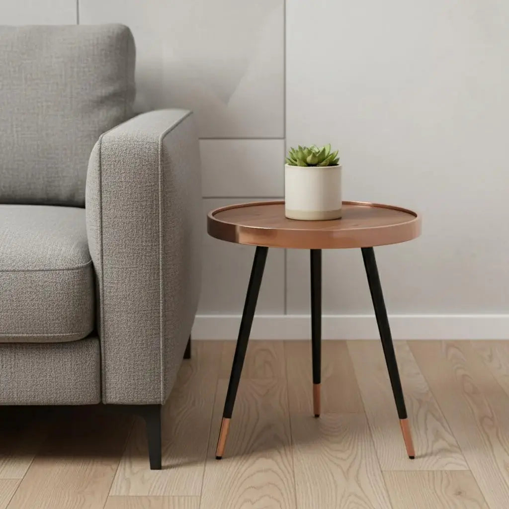 20" Walnut Black And Rose Gold Wood and Stainless Steel Round End Table - Homeroots - Flyclothing LLC