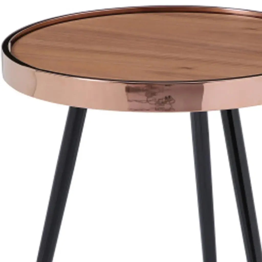 20" Walnut Black And Rose Gold Wood and Stainless Steel Round End Table - Homeroots - Flyclothing LLC