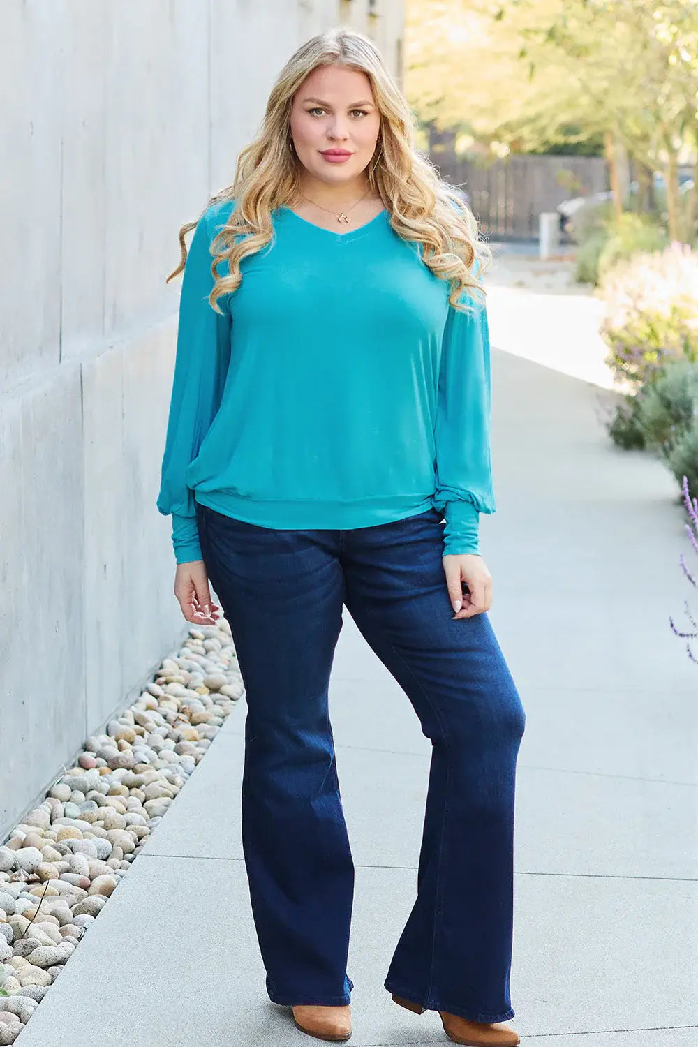 Basic Bae Full Size V-Neck Lantern Sleeve Top - ShopBasicbae - Flyclothing LLC