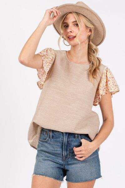 Ces Femme Round Neck Floral Short Sleeve Top - Trendsi - Flyclothing LLC