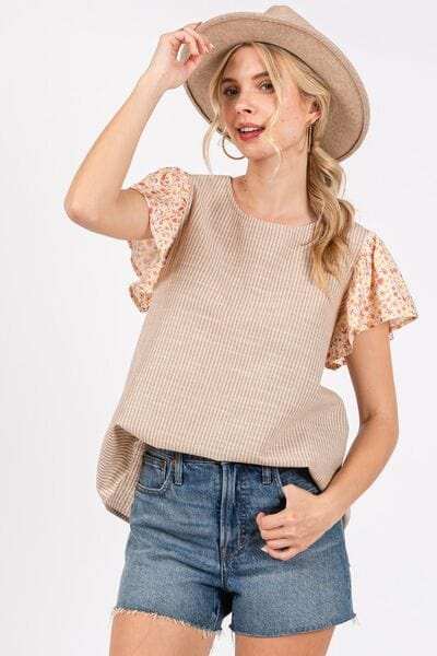 Ces Femme Round Neck Floral Short Sleeve Top - Trendsi - Flyclothing LLC