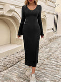 Devine Tied V-Neck Long Sleeve Sweater Dress - Trendsi - Flyclothing LLC