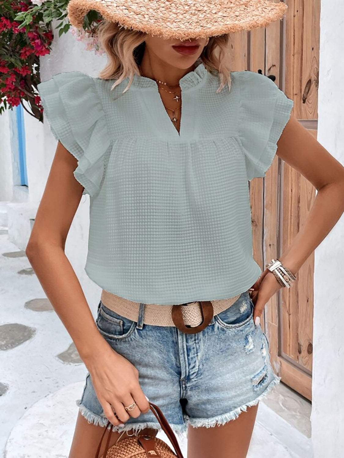 Ruffled Notched Cap Sleeve Blouse - Trendsi - Flyclothing LLC